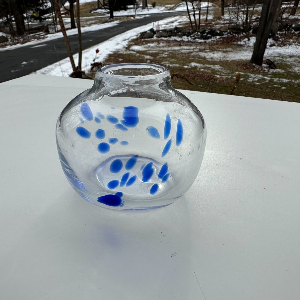 #7750 Vintage Handblown Murano Style Clear Glass Vase With Cobalt Blue Abstract